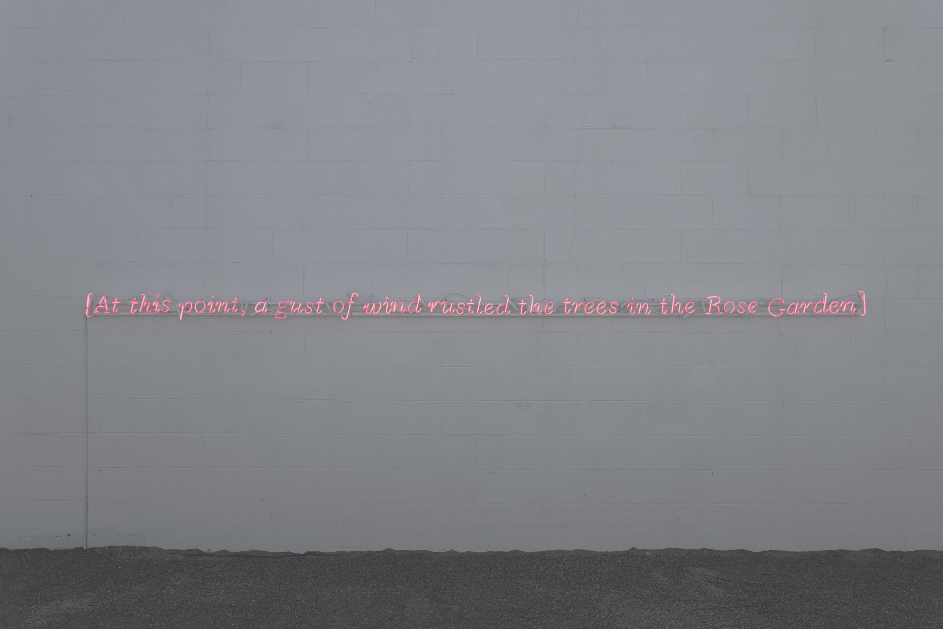 Stenographer's Note: [At this point, a gust of wind rustled the trees in the Rose Garden.], 2025, neon, transformers, wire, approximately 15 feet wide