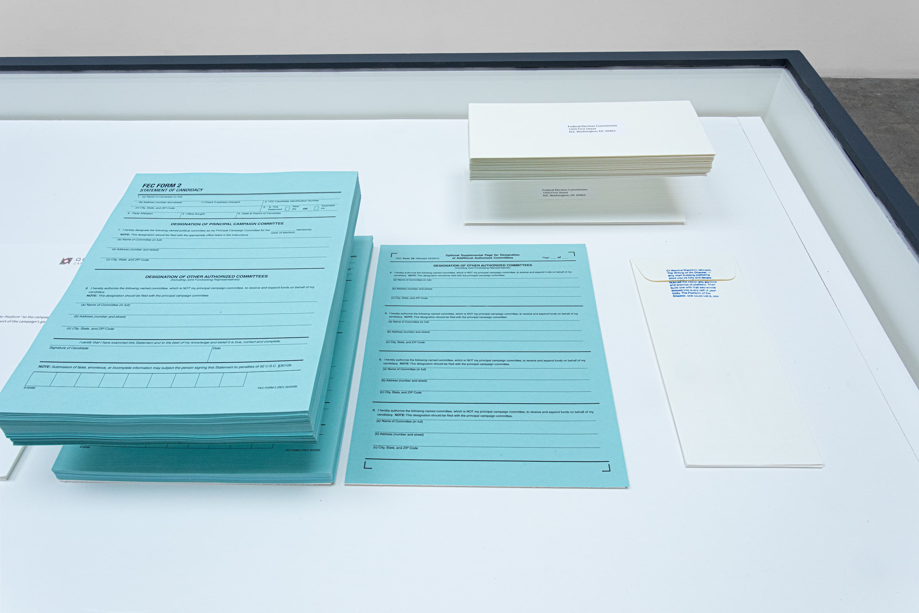 The Platform (U.S. General Elections, 2026), 2025, raised wooden platform with dye sublimated carpet, documents, 6.25” x 145” x 97”