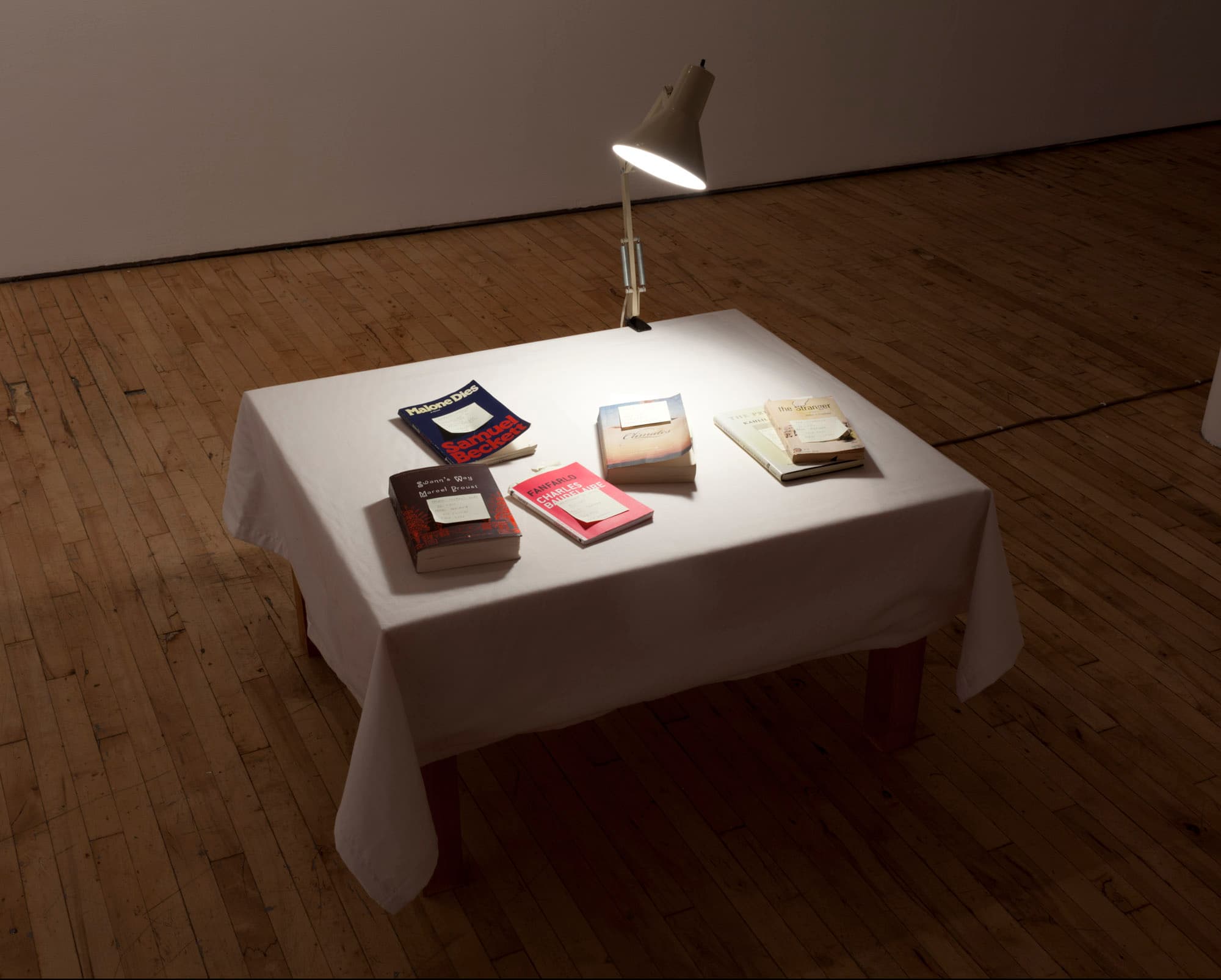 Side by Side They Looked into the Books as into a Double Mirror, Seeing Each Others Faces as well as Their Own, marked books, lamp, bedside table after Luis Barragán, 2013