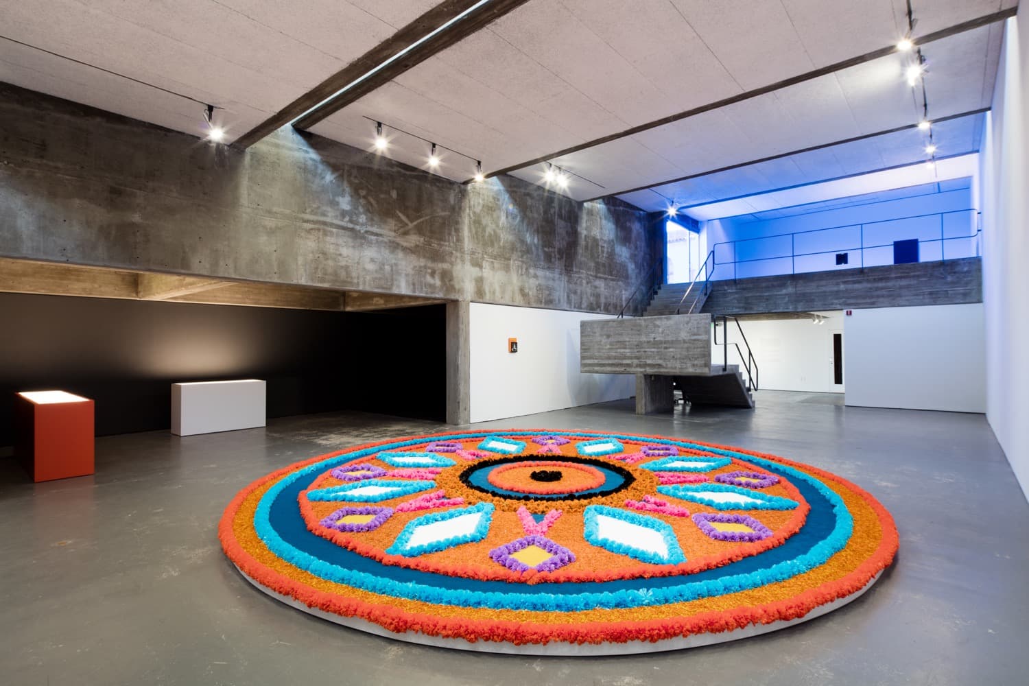 Installation View, The Offering (Tapete de Flores), 2016 . Artificial flowers, natural flowers, dyed sawdust, salt, glue . 8 meters in diameter.