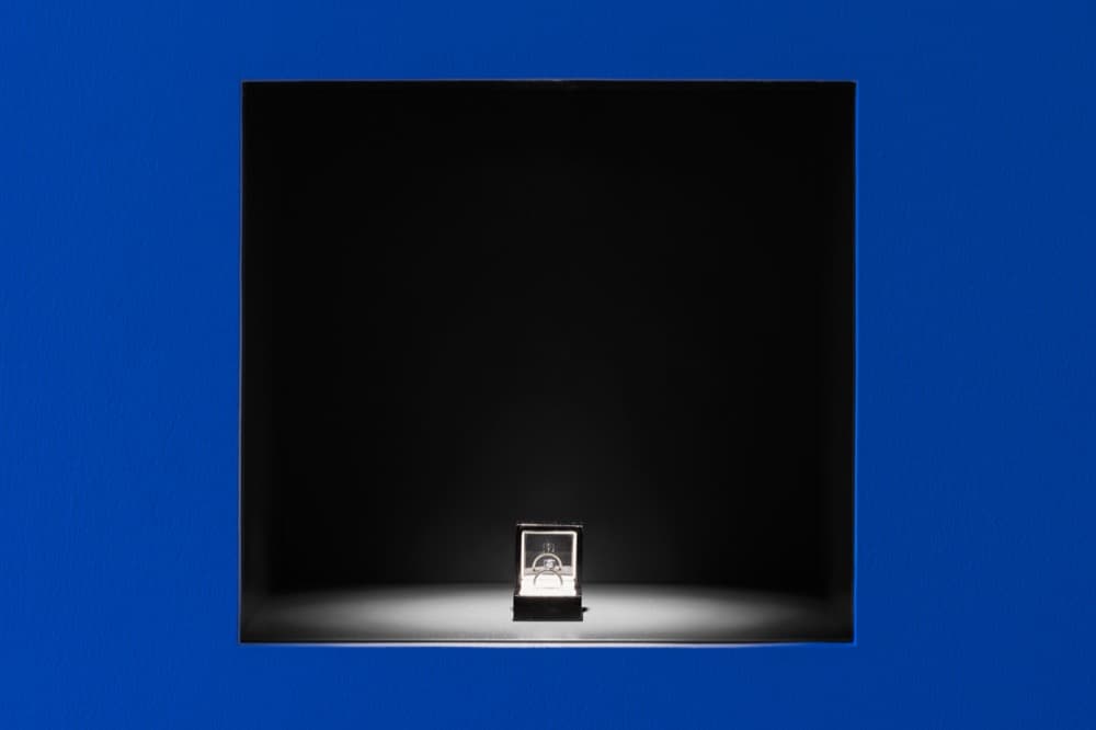 The Proposal, 2016.  2.02 carat, blue, uncut, diamond with the micro-laser inscription "I am wholeheartedly yours," silver ring setting, ring box, related documents.