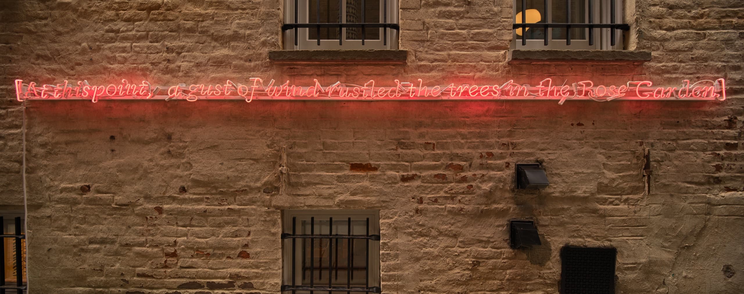 Stenographer's Note: [At this point, a gust of wind rustled the trees in the Rose Garden.], 2025. Neon, transformers, wire. Installation view, Pooler Room, 2026. Mister Fahrenheit, New York. Photography: Brad Farwell. Image courtesy the artist and Mister Fahrenheit.