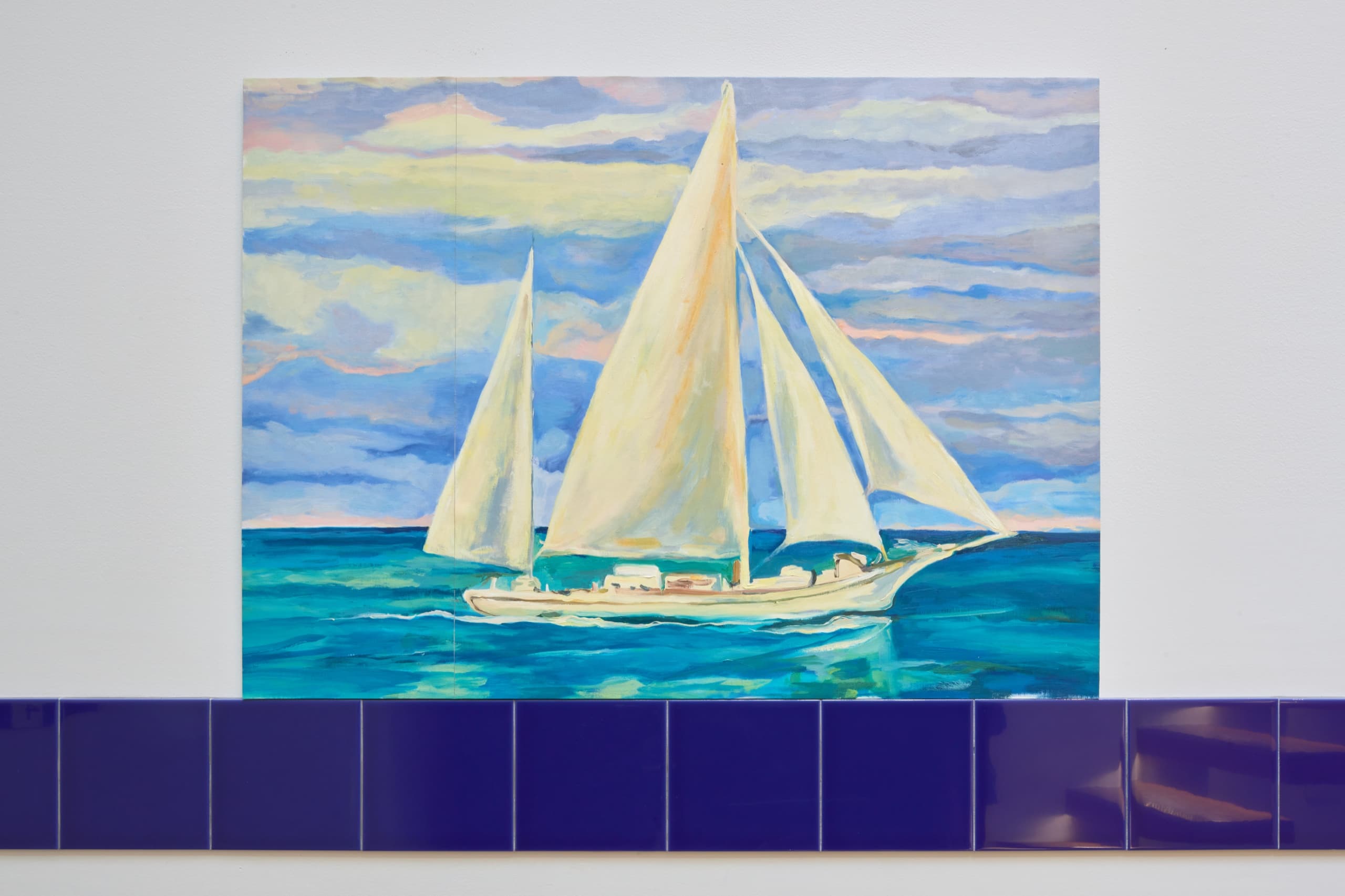 Mural for the White House Swimming Pool, after Bernard Lamotte, 2026. Oil on linen. Installation view, Pooler Room, 2026. Mister Fahrenheit, New York. Photography: Brad Farwell. Image courtesy the artist and Mister Fahrenheit.