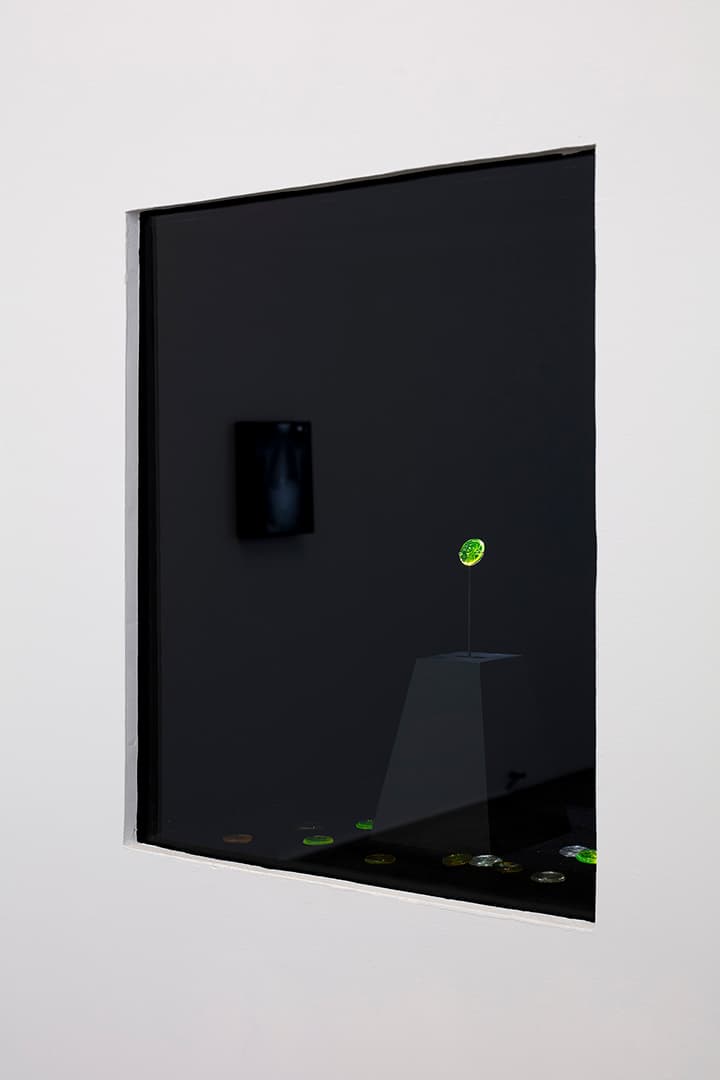 Jill Magid, 2020 Pattern Penny, 2021. Flameworked and mold-pressed glass, brass and steel mount, wooden pedestal. Photography: Ramiro Chaves. Image courtesy the artist and LABOR, Mexico City.