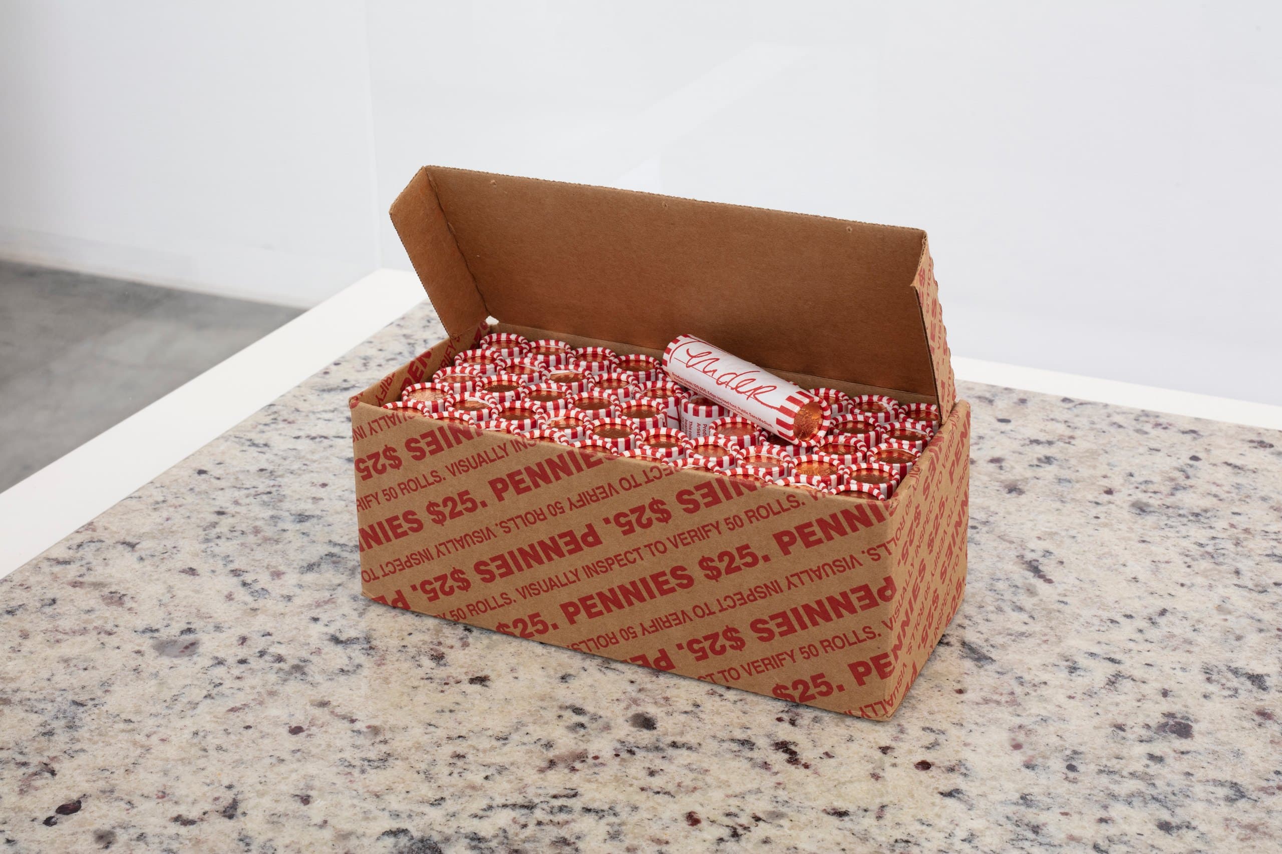Jill Magid, Tender Box, 2020. Cardboard, 50 Tender Penny rolls. Photography: Ramiro Chaves. Image courtesy the artist and LABOR, Mexico City.