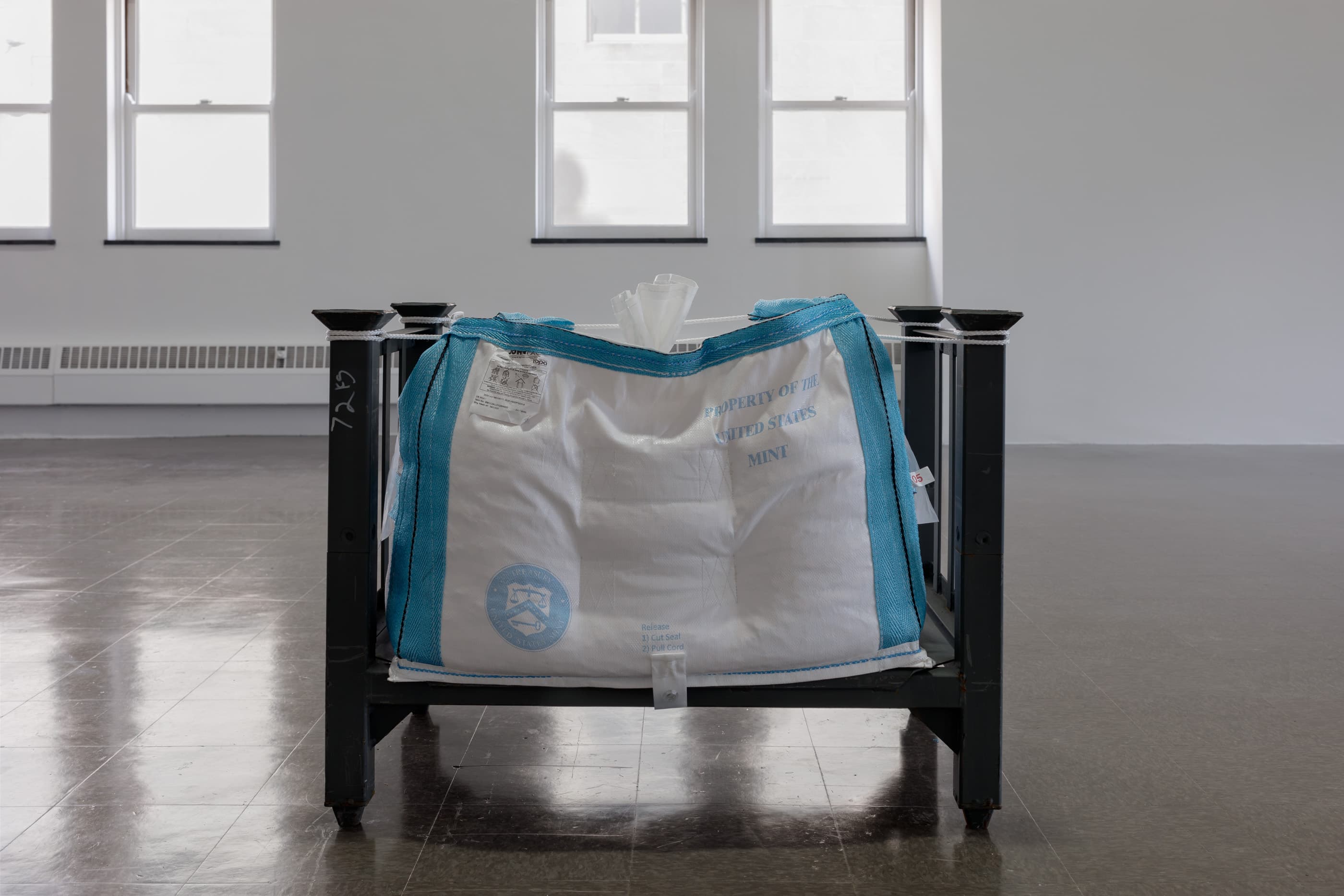 JILL MAGID, 2020 CENTS / U.S. MINT BALLISTIC BAG, $4000 VALUE, PARTIALLY DISPERSED, 2021. INSTALLATION VIEW IN TENDER: BALANCE, THE RENAISSANCE SOCIETY, 2021. PHOTO: USEFUL ART SERVICES.