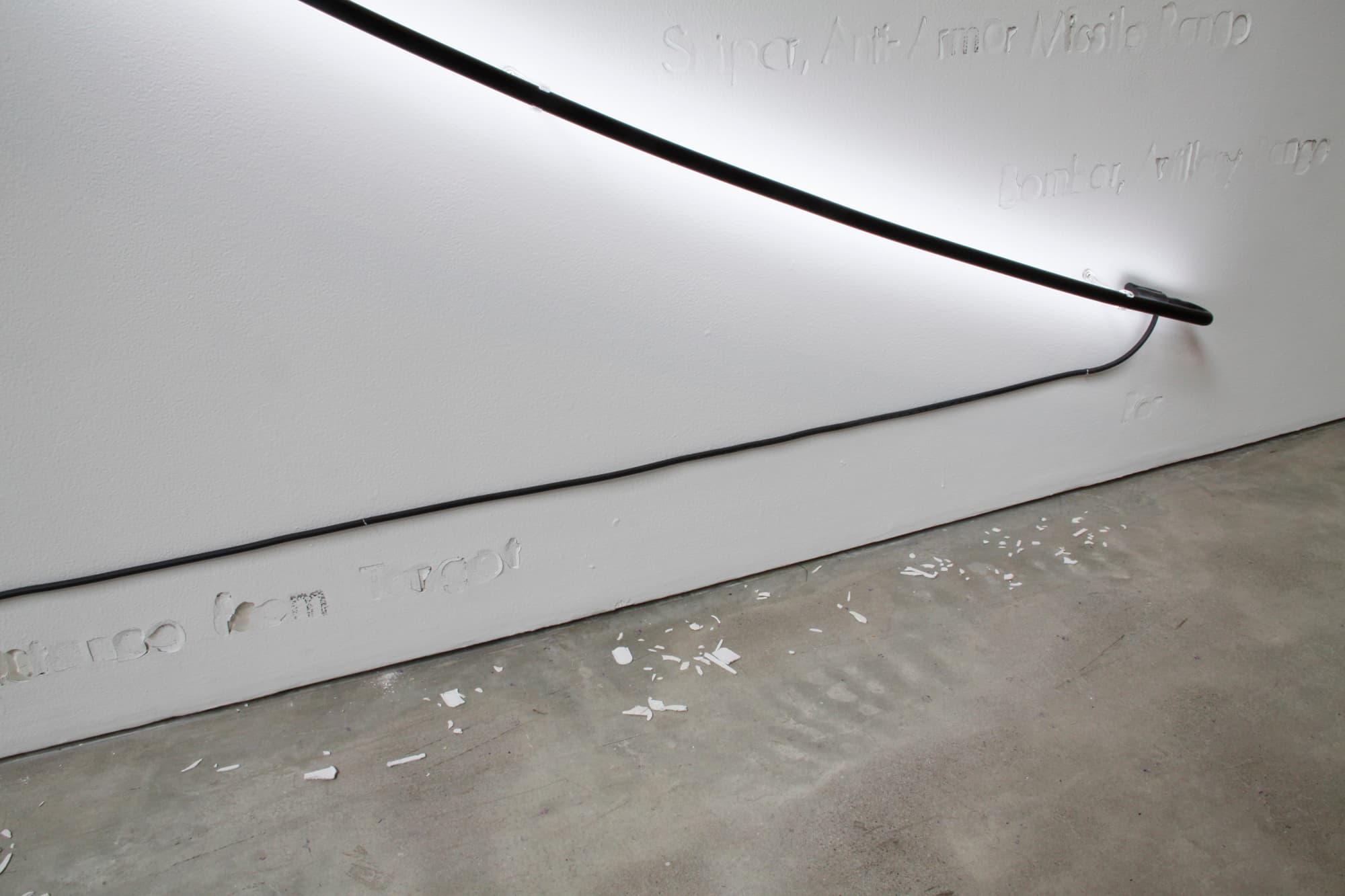 From A Distance You Look Nothing Like a Friend (detail), neon, transformer, letters punched into wall, 2011