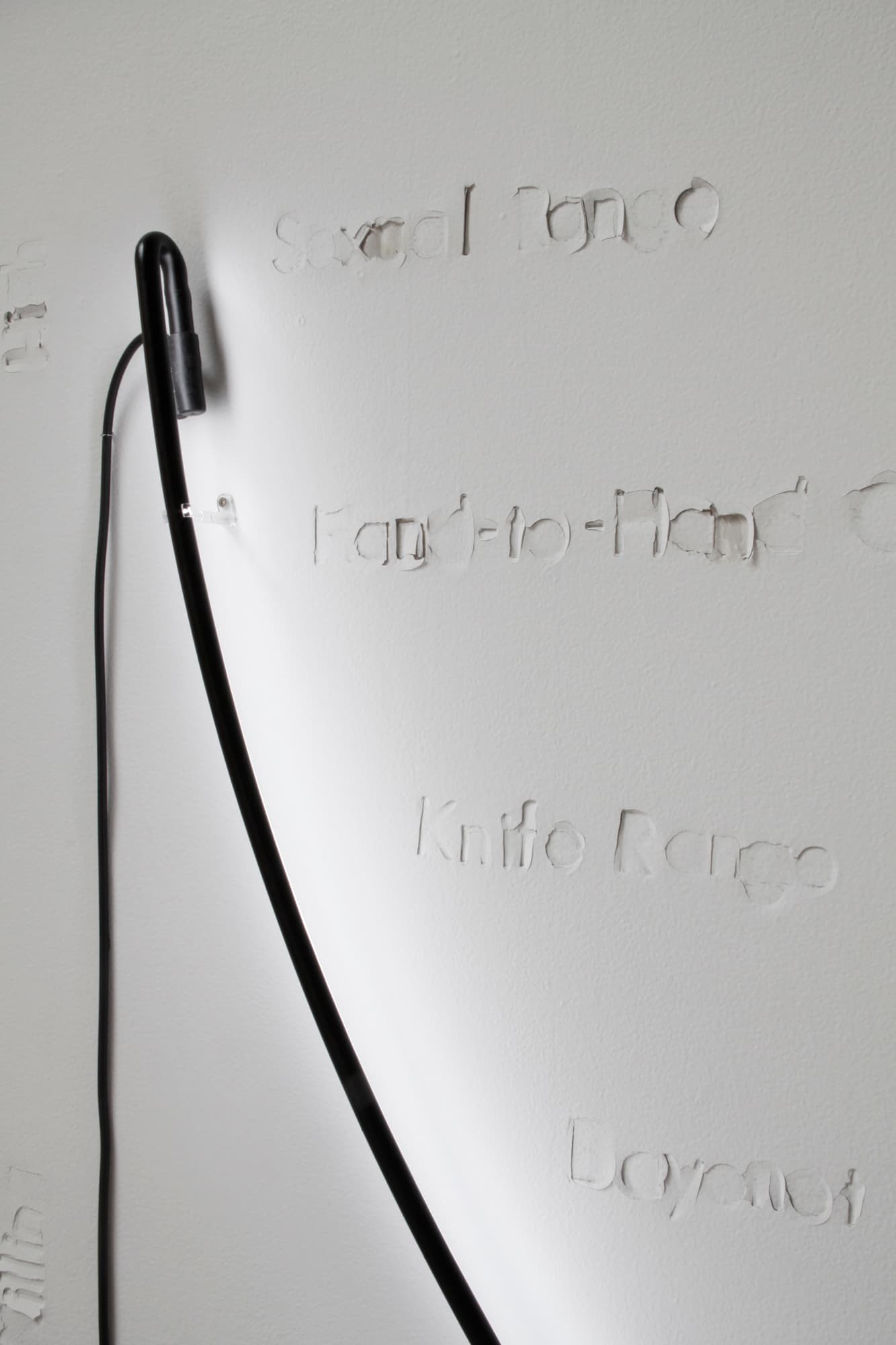 From A Distance You Look Nothing Like a Friend (detail), neon, transformer, letters punched into wall, 2011